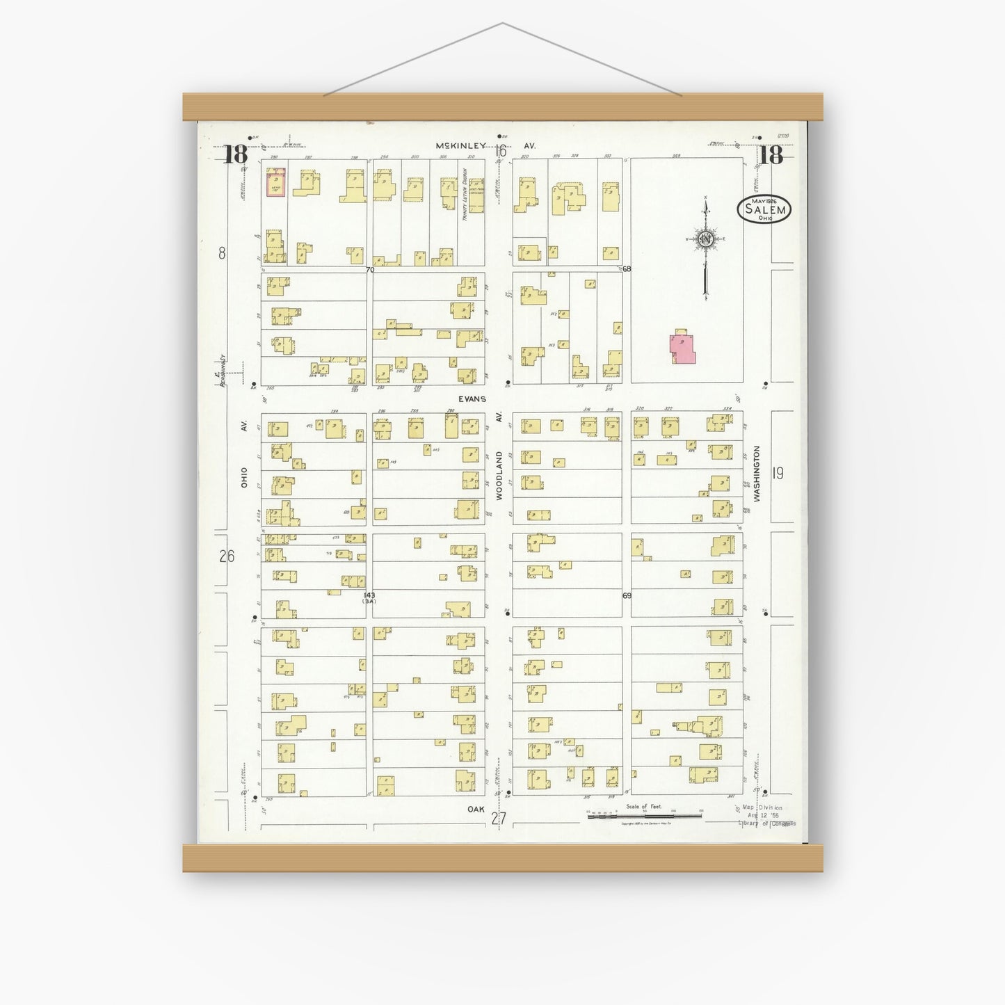 Old map wall art mockup — magnetic wood frame on white wall — Sanborn Fire Insurance Map from Salem, Columbiana County, Ohio (1926), Sheet #0018