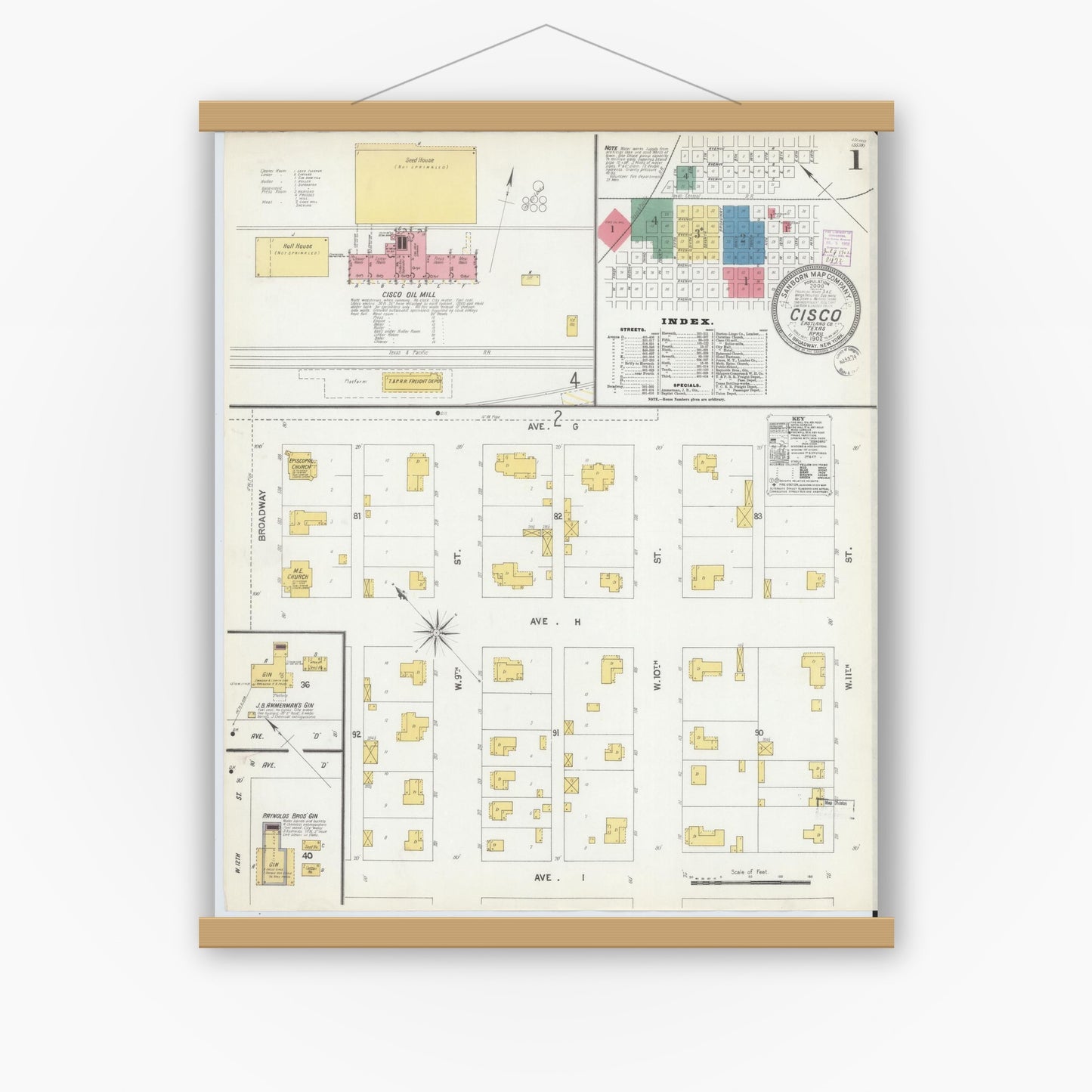 Old map wall art mockup — magnetic wood frame on white wall — Sanborn Fire Insurance Map from Cisco, Eastland County, Texas (1902), Sheet #0001