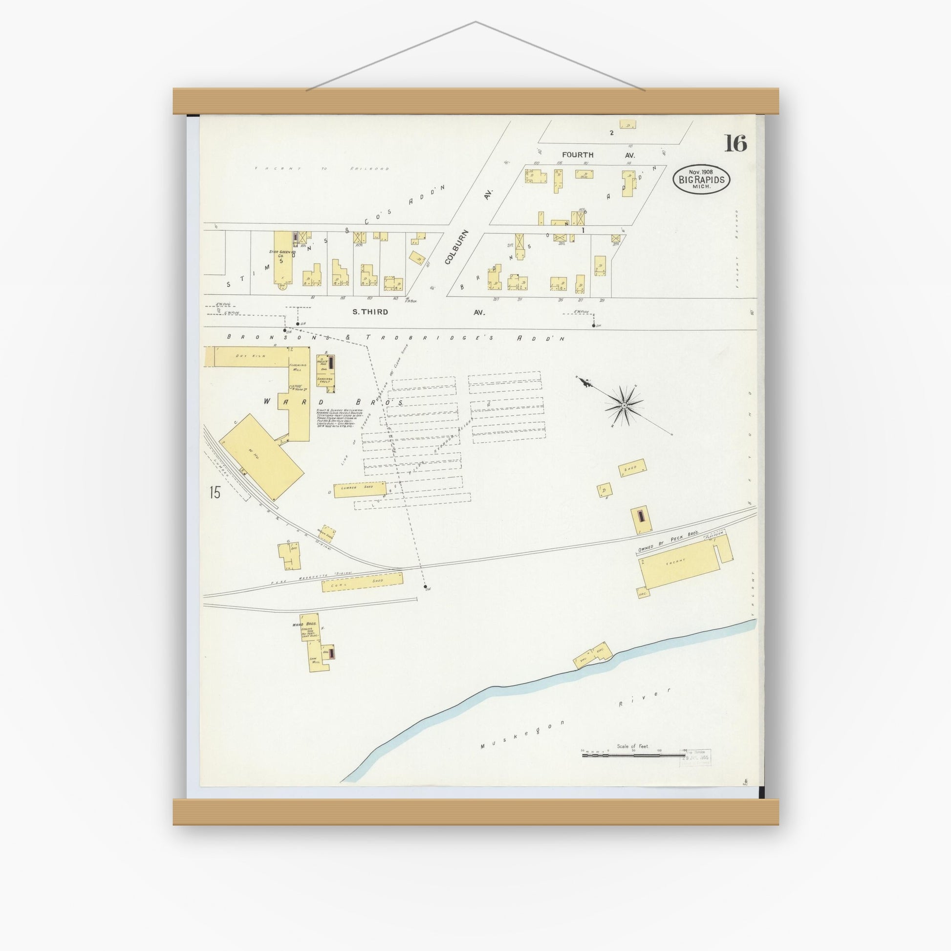 Old map wall art mockup — magnetic wood frame on white wall — Sanborn Fire Insurance Map from Big Rapids, Mecosta County, Michigan (1908), Sheet #0016