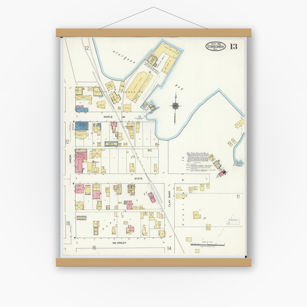 Old map wall art mockup — magnetic wood frame on white wall — Sanborn Fire Insurance Map from Sturgeon Bay, Door County, Wisconsin (1919), Sheet #0013