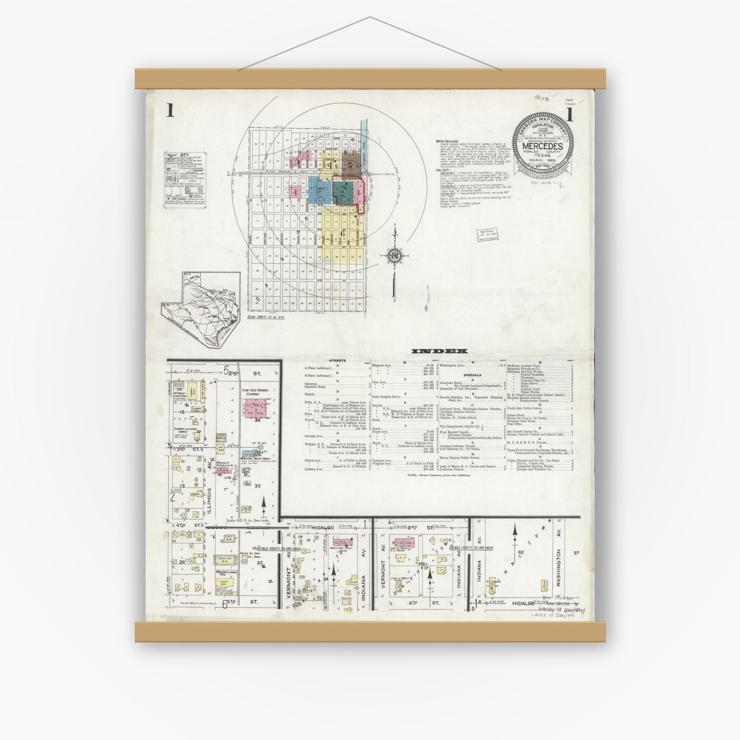 Old map wall art mockup — magnetic wood frame on white wall — Sanborn Fire Insurance Map from Mercedes, Hidalgo County, Texas (1925) - Complete Map Set