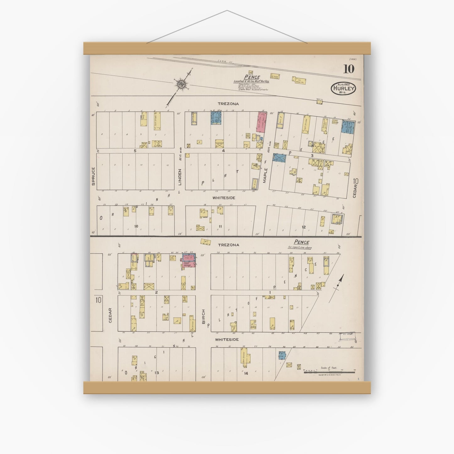 Old map wall art mockup — magnetic wood frame on white wall — Sanborn Fire Insurance Map from Hurley, Iron County, Wisconsin (1922), Sheet #0010