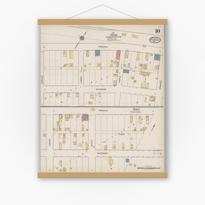 Old map wall art mockup — magnetic wood frame on white wall — Sanborn Fire Insurance Map from Hurley, Iron County, Wisconsin (1922), Sheet #0010