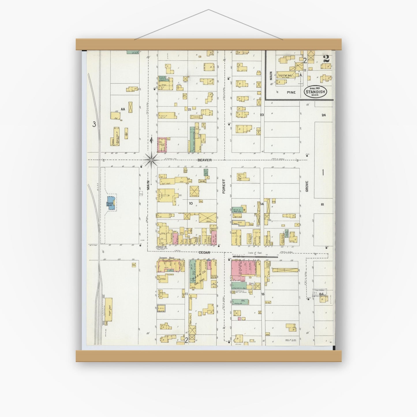 Old map wall art mockup — magnetic wood frame on white wall — Sanborn Fire Insurance Map from Standish, Arenac County, Michigan (1901), Sheet #0002