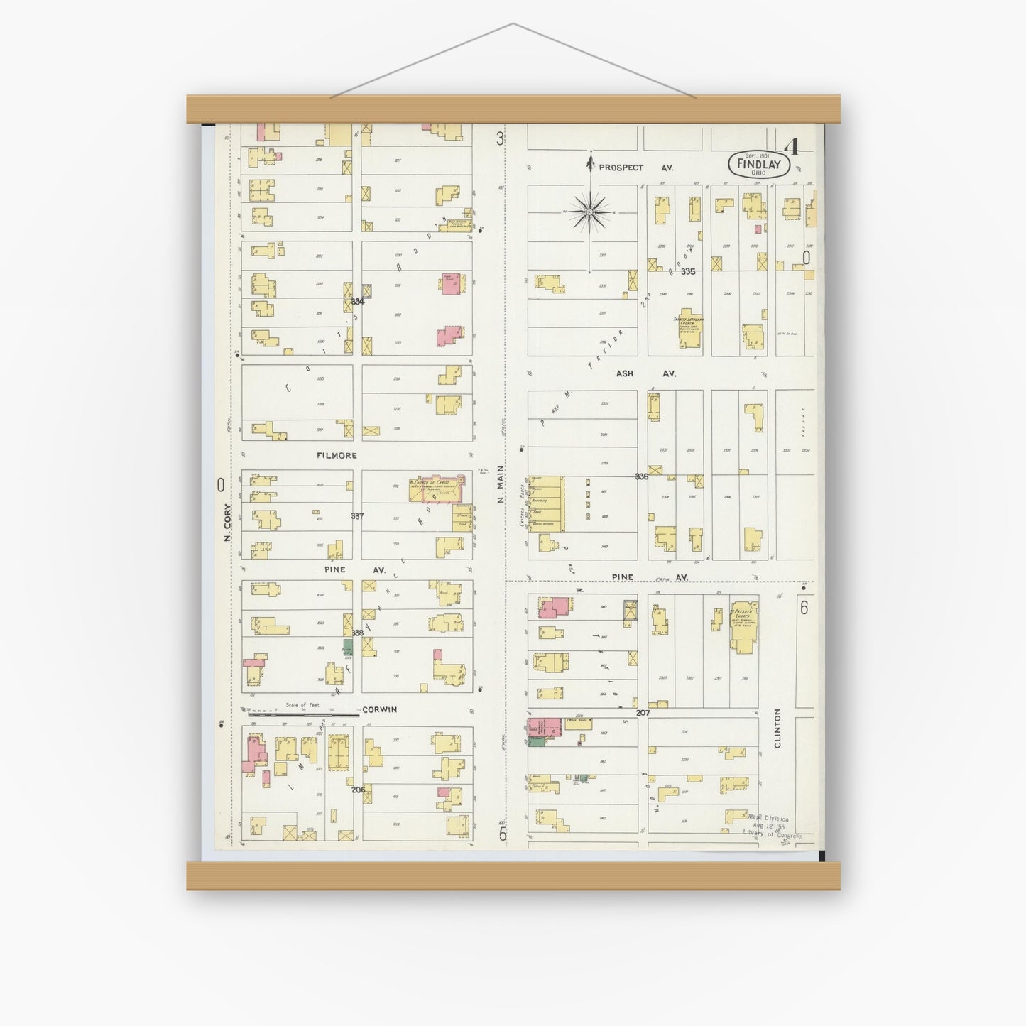 Old map wall art mockup — magnetic wood frame on white wall — Sanborn Fire Insurance Map from Findlay, Hancock County, Ohio (1901), Sheet #0004