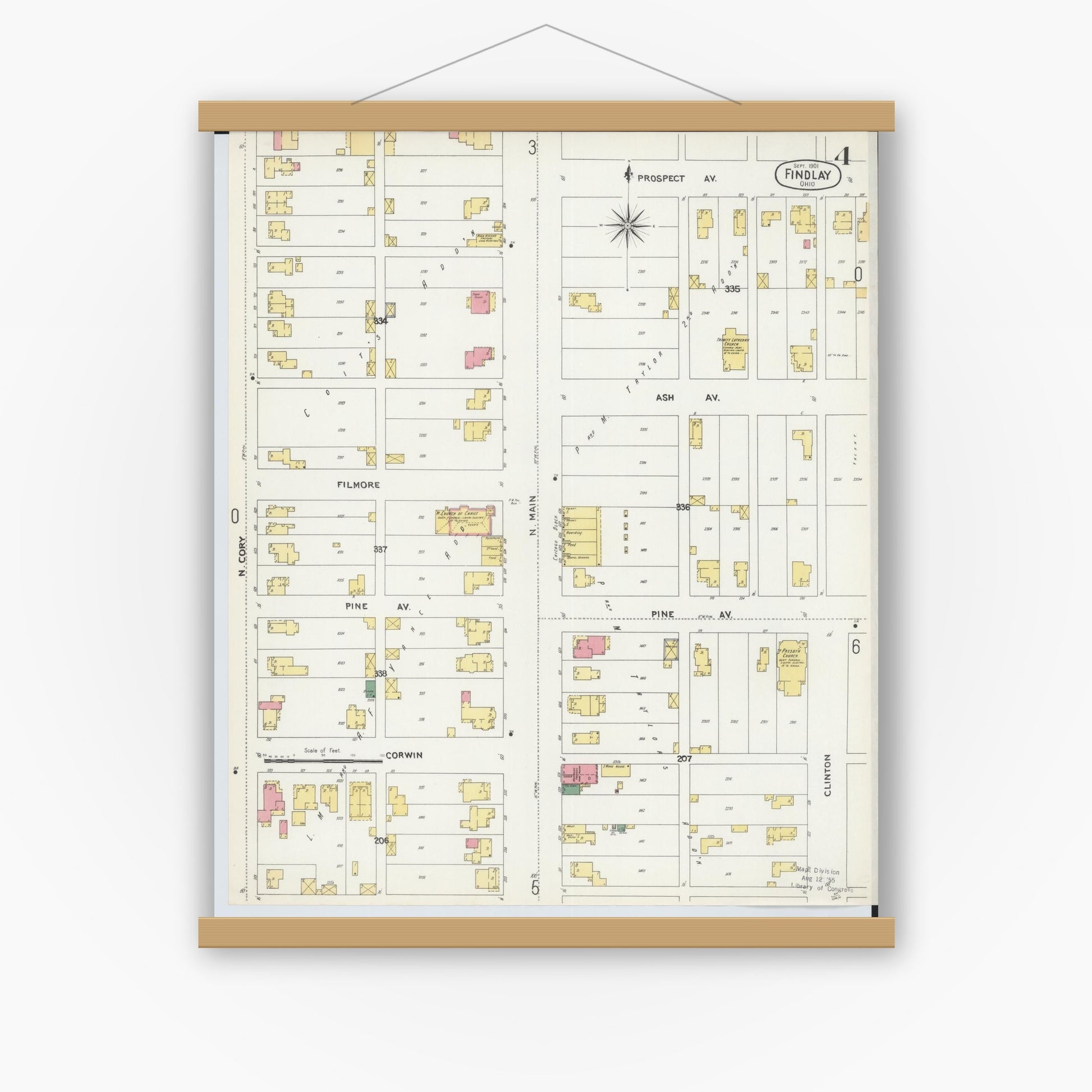 Old map wall art mockup — magnetic wood frame on white wall — Sanborn Fire Insurance Map from Findlay, Hancock County, Ohio (1901), Sheet #0004