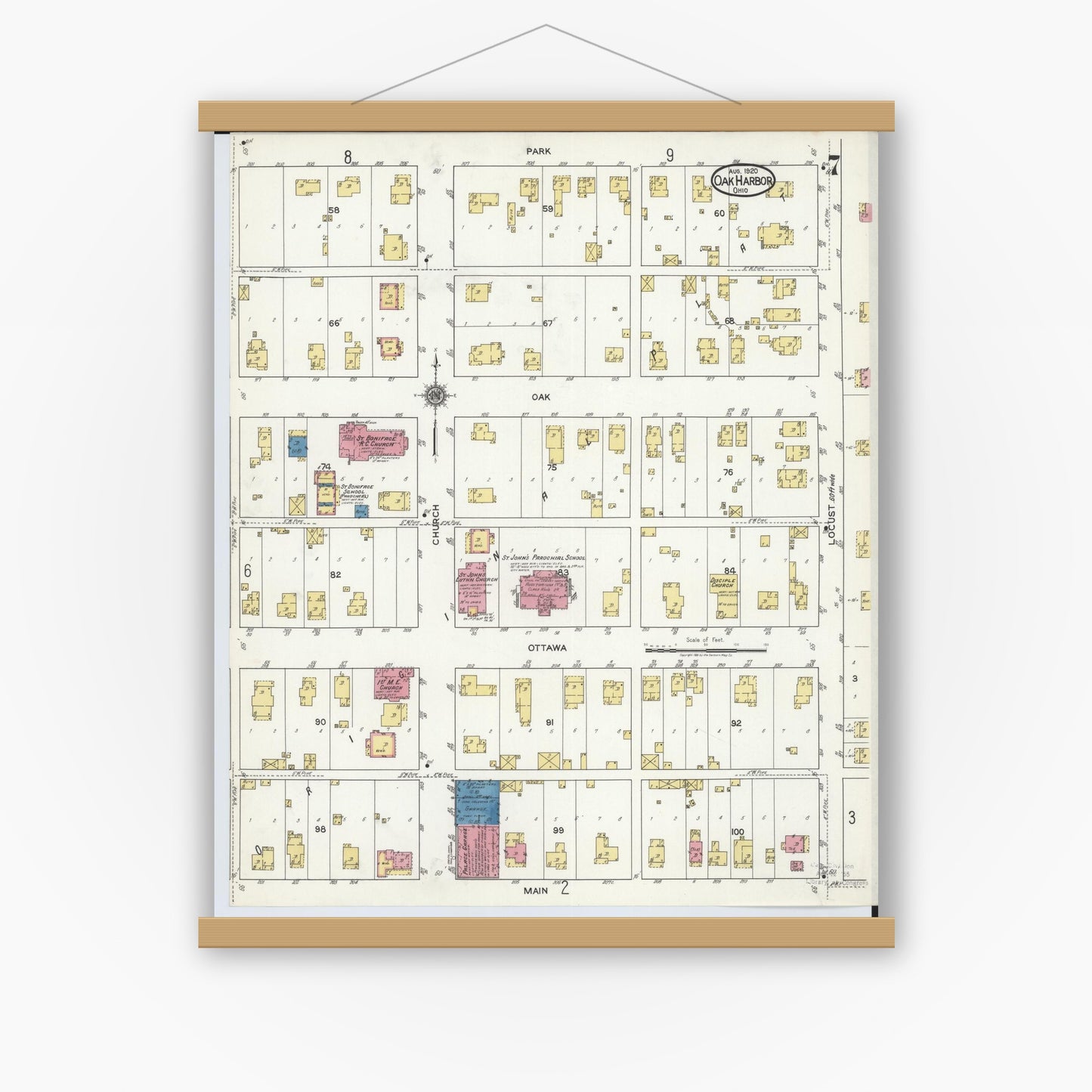 Old map wall art mockup — magnetic wood frame on white wall — Sanborn Fire Insurance Map from Oak Harbor, Ottawa County, Ohio (1920), Sheet #0007