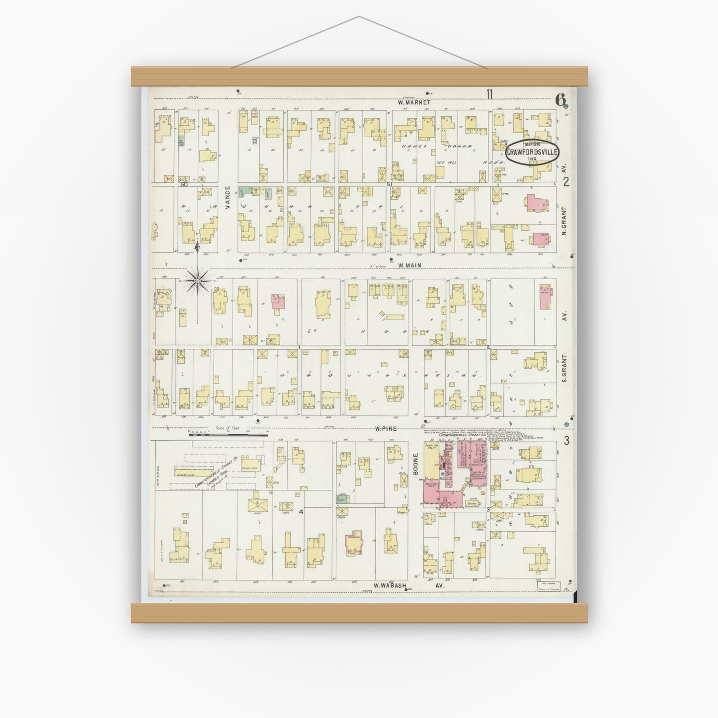 Old map wall art mockup — magnetic wood frame on white wall — Sanborn Fire Insurance Map from Crawfordsville, Montgomery County, Indiana (1896), Sheet #0006