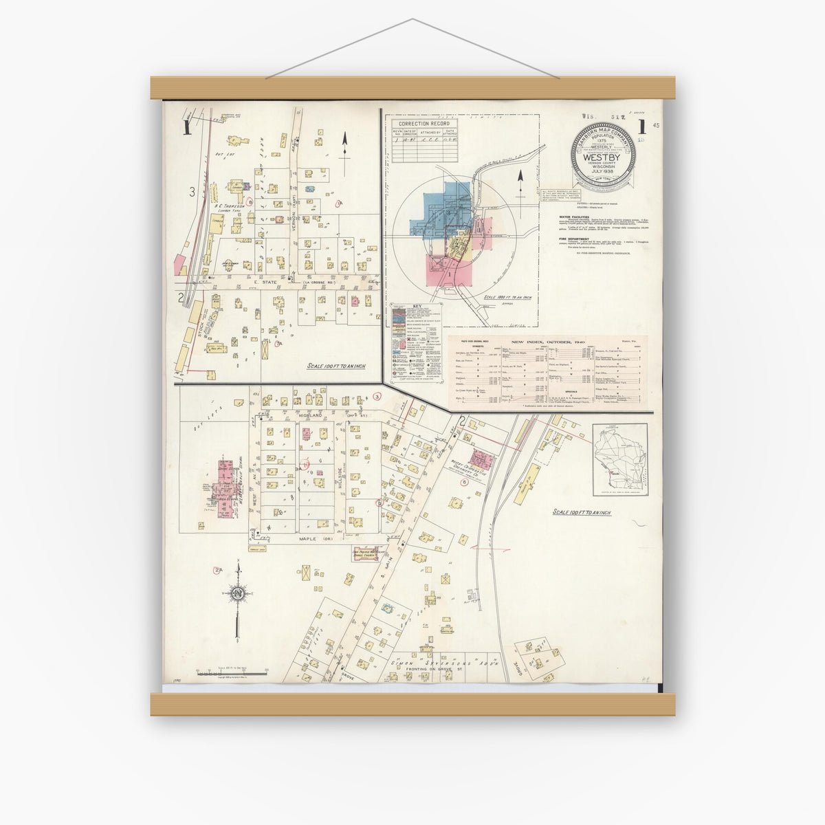 Old map wall art mockup — magnetic wood frame on white wall — Sanborn Fire Insurance Map from Westby, Vernon County, Wisconsin (1940) - Complete Map Set
