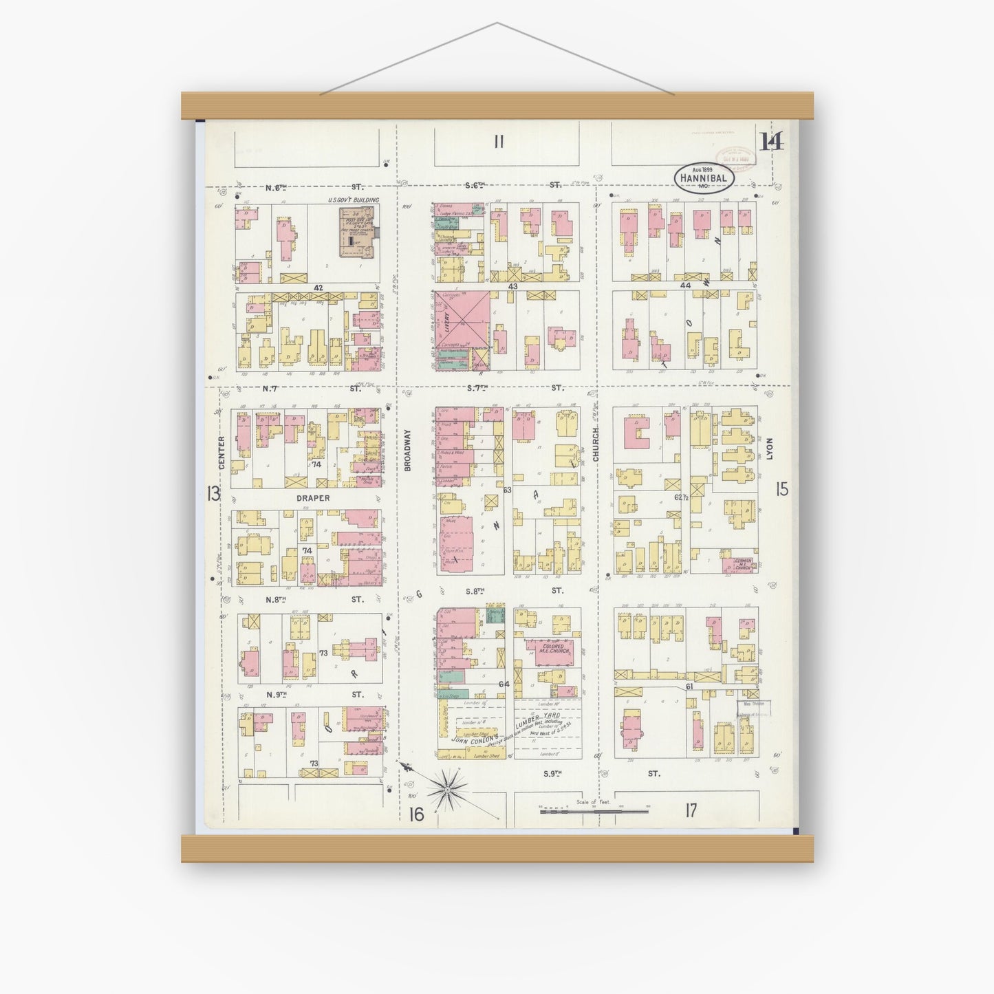 Old map wall art mockup — magnetic wood frame on white wall — Sanborn Fire Insurance Map from Hannibal, Marion County, Missouri (1899), Sheet #0014