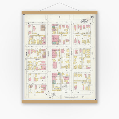Old map wall art mockup — magnetic wood frame on white wall — Sanborn Fire Insurance Map from Hannibal, Marion County, Missouri (1899), Sheet #0014