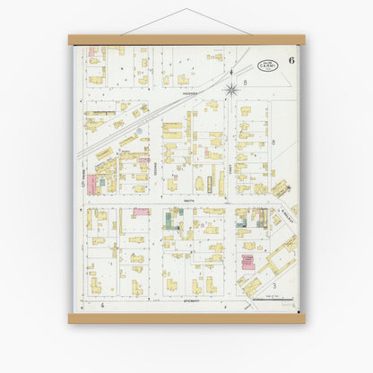 Old map wall art mockup — magnetic wood frame on white wall — Sanborn Fire Insurance Map from Carmi, White County, Illinois (1906), Sheet #0006