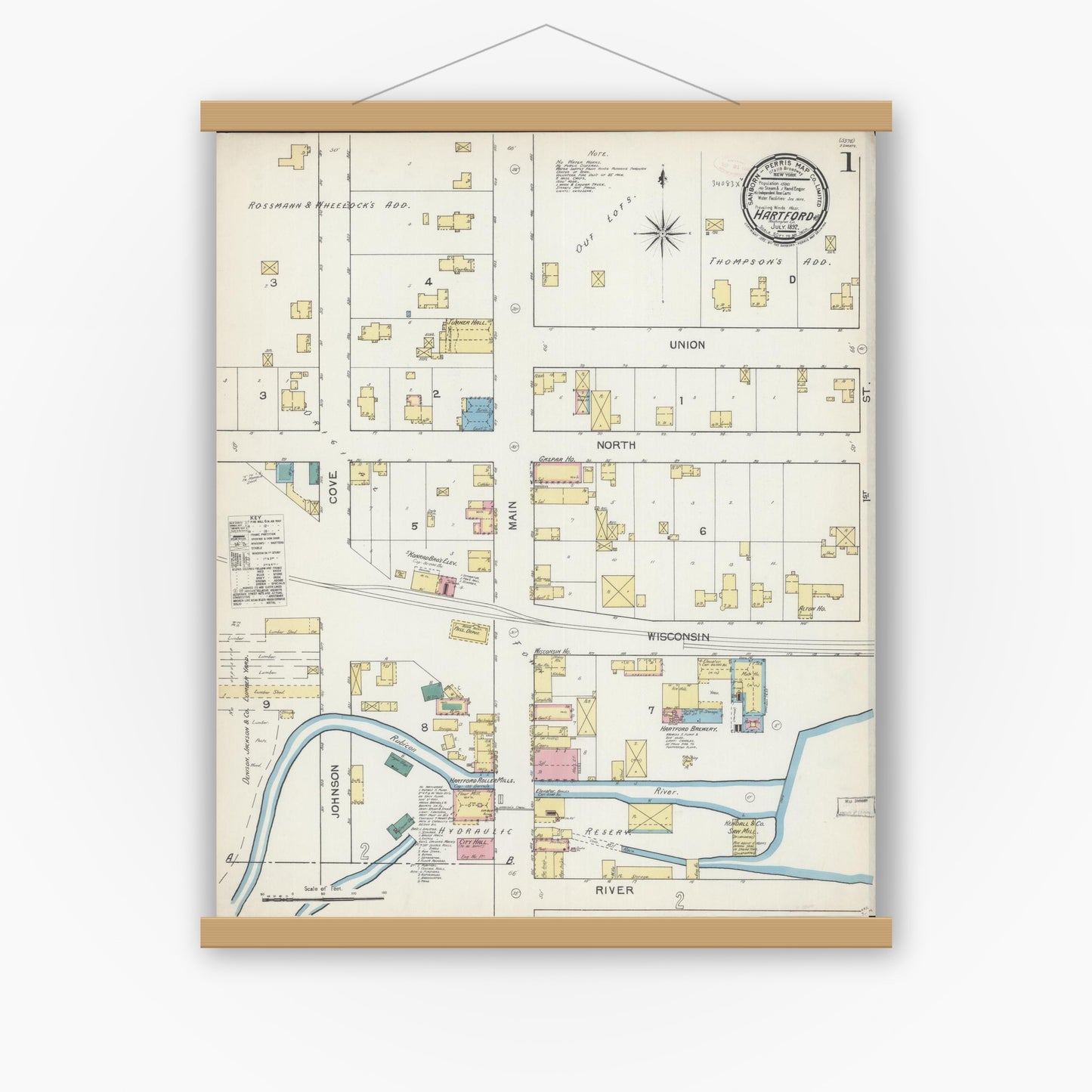 Old map wall art mockup — magnetic wood frame on white wall — Sanborn Fire Insurance Map from Hartford, Washington County, Wisconsin (1892), Sheet #0001