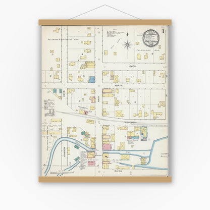 Old map wall art mockup — magnetic wood frame on white wall — Sanborn Fire Insurance Map from Hartford, Washington County, Wisconsin (1892), Sheet #0001