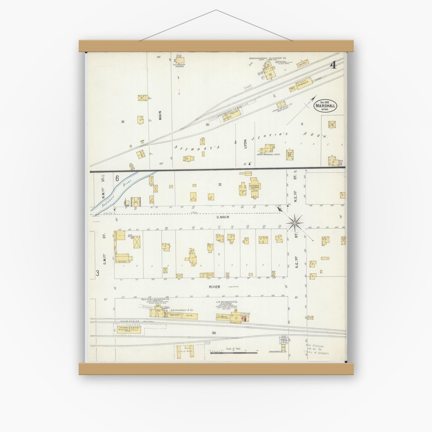 Old map wall art mockup — magnetic wood frame on white wall — Sanborn Fire Insurance Map from Marshall, Lyon County, Minnesota (1902), Sheet #0004