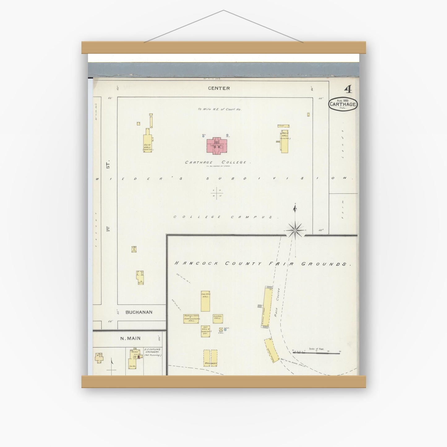 Old map wall art mockup — magnetic wood frame on white wall — Sanborn Fire Insurance Map from Carthage, Hancock County, Illinois (1893), Sheet #0004