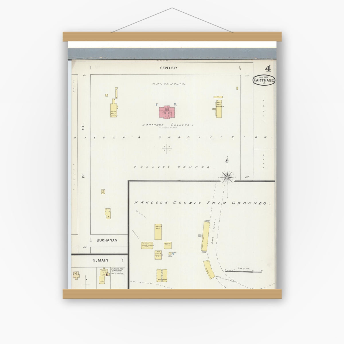 Old map wall art mockup — magnetic wood frame on white wall — Sanborn Fire Insurance Map from Carthage, Hancock County, Illinois (1893), Sheet #0004