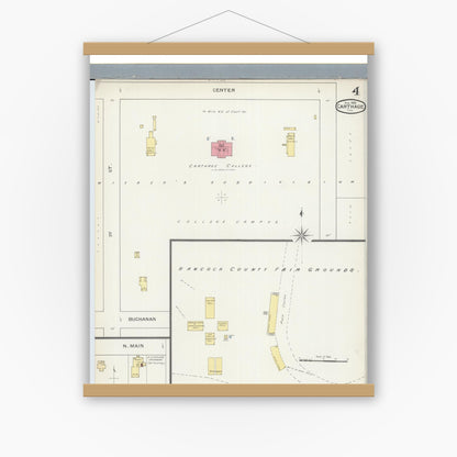Old map wall art mockup — magnetic wood frame on white wall — Sanborn Fire Insurance Map from Carthage, Hancock County, Illinois (1893), Sheet #0004