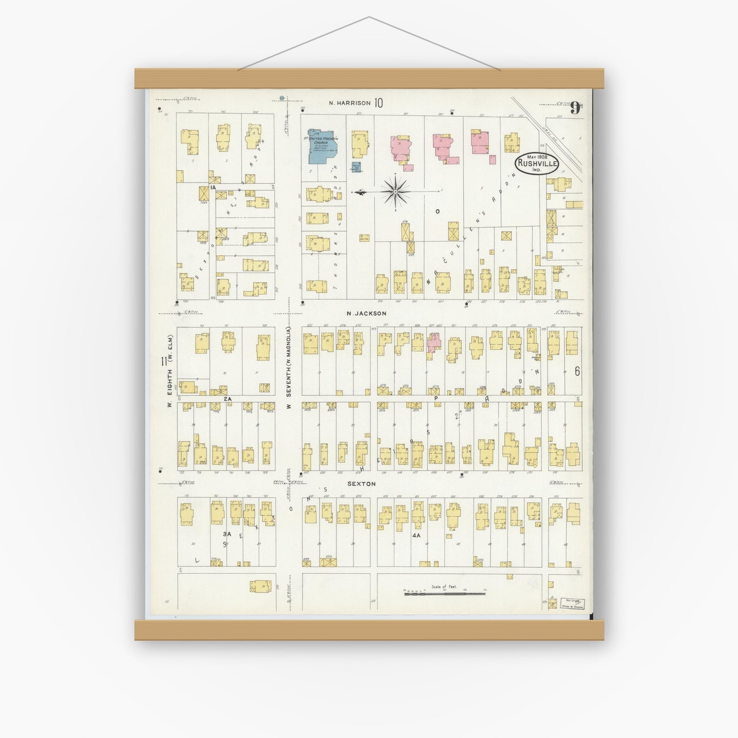 Old map wall art mockup — magnetic wood frame on white wall — Sanborn Fire Insurance Map from Rushville, Rush County, Indiana (1908), Sheet #0009