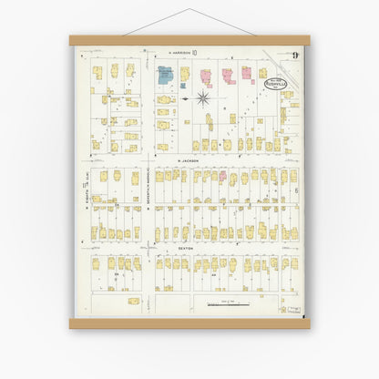 Old map wall art mockup — magnetic wood frame on white wall — Sanborn Fire Insurance Map from Rushville, Rush County, Indiana (1908), Sheet #0009