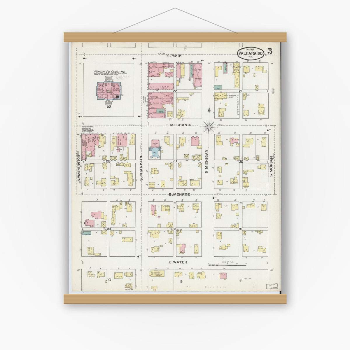 Old map wall art mockup — magnetic wood frame on white wall — Sanborn Fire Insurance Map from Valparaiso, Porter County, Indiana (1892), Sheet #0005