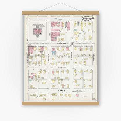 Old map wall art mockup — magnetic wood frame on white wall — Sanborn Fire Insurance Map from Valparaiso, Porter County, Indiana (1892), Sheet #0005