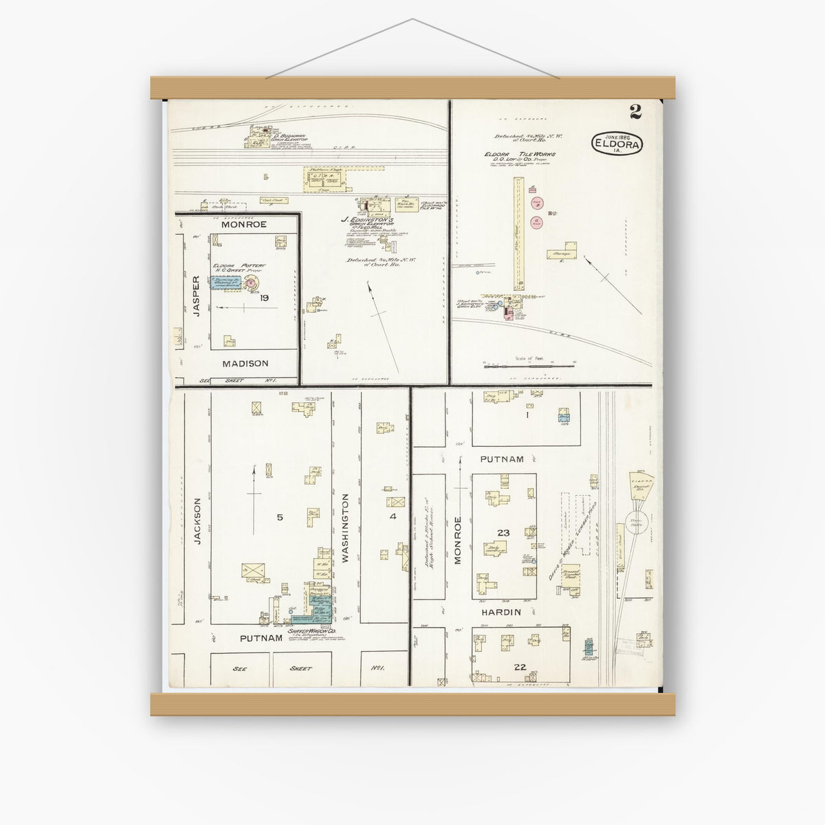 Old map wall art mockup — magnetic wood frame on white wall — Sanborn Fire Insurance Map from Eldora, Hardin County, Iowa (1886), Sheet #0002