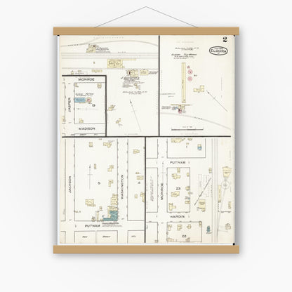 Old map wall art mockup — magnetic wood frame on white wall — Sanborn Fire Insurance Map from Eldora, Hardin County, Iowa (1886), Sheet #0002