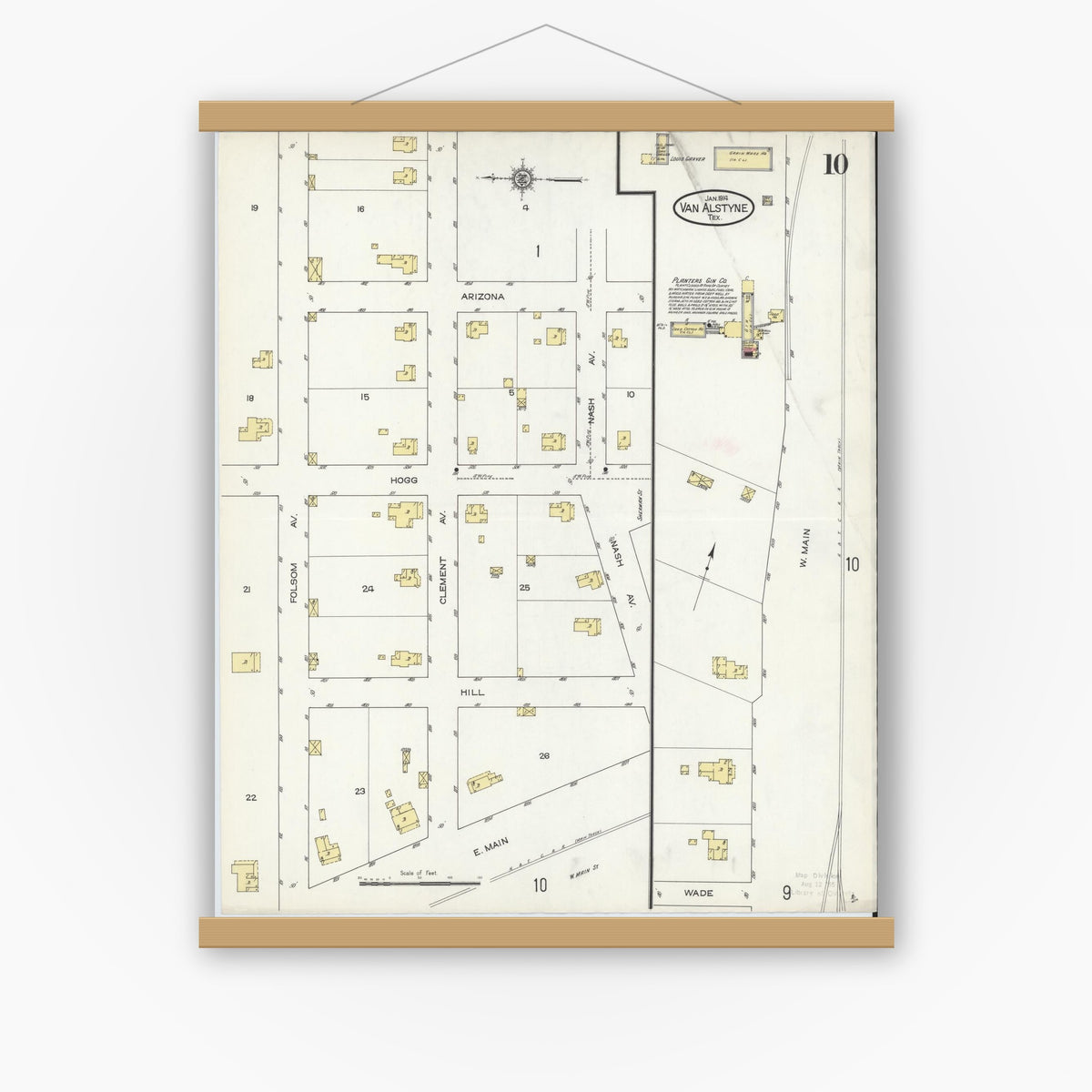 Old map wall art mockup — magnetic wood frame on white wall — Sanborn Fire Insurance Map from Van Alstyne, Grayson County, Texas (1914), Sheet #0010