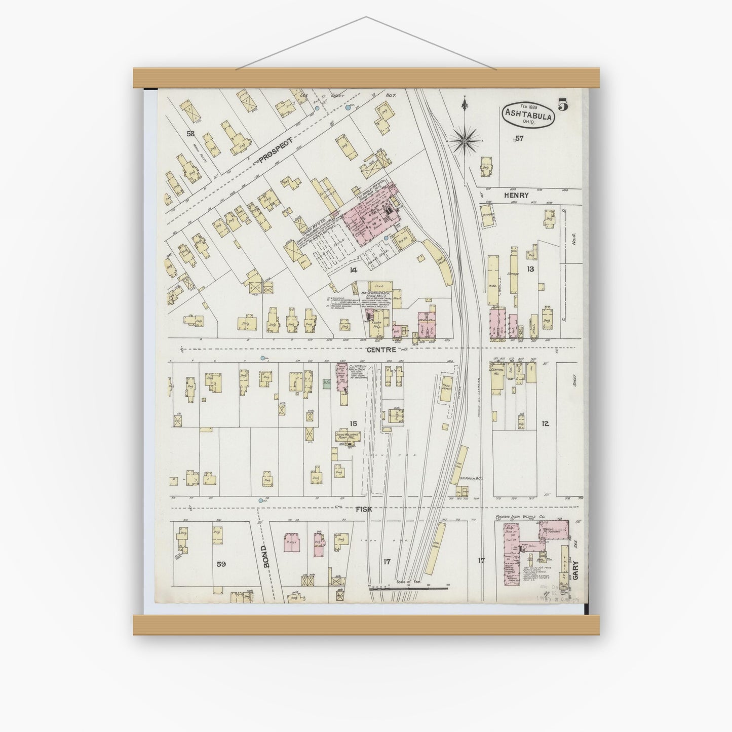 Old map wall art mockup — magnetic wood frame on white wall — Sanborn Fire Insurance Map from Ashtabula, Ashtabula County, Ohio (1889), Sheet #0005