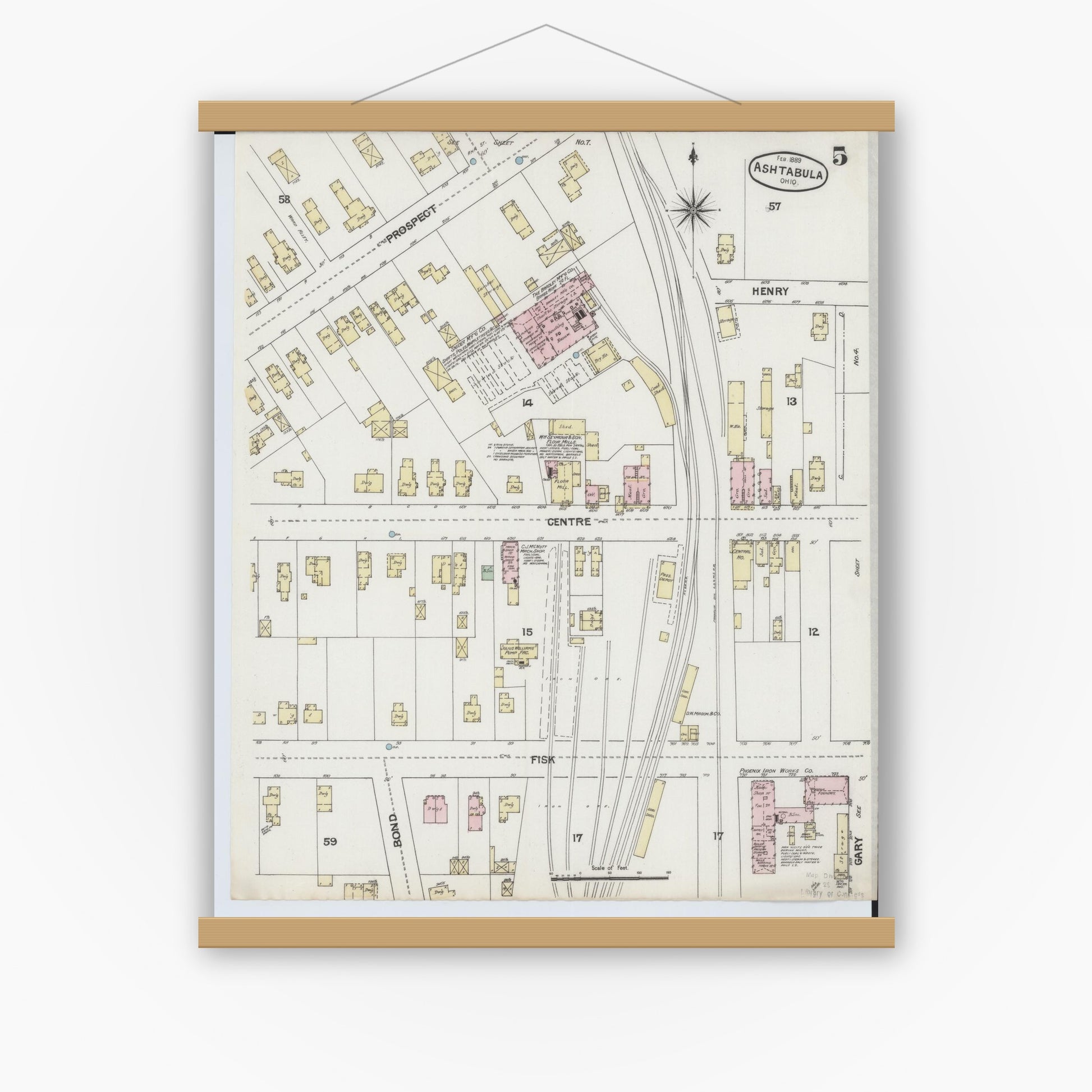 Old map wall art mockup — magnetic wood frame on white wall — Sanborn Fire Insurance Map from Ashtabula, Ashtabula County, Ohio (1889), Sheet #0005