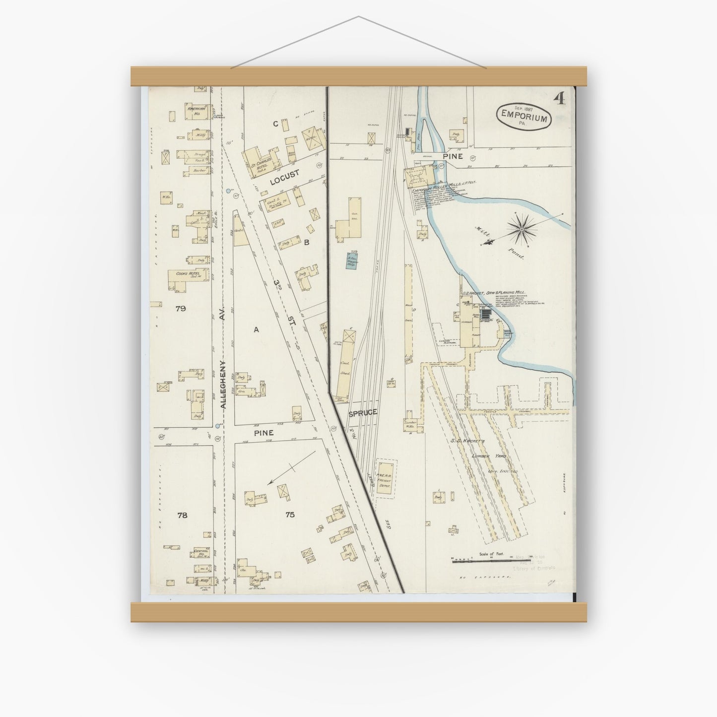 Old map wall art mockup — magnetic wood frame on white wall — Sanborn Fire Insurance Map from Emporium, Cameron County, Pennsylvania (1887), Sheet #0004
