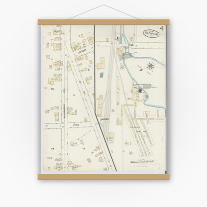 Old map wall art mockup — magnetic wood frame on white wall — Sanborn Fire Insurance Map from Emporium, Cameron County, Pennsylvania (1887), Sheet #0004
