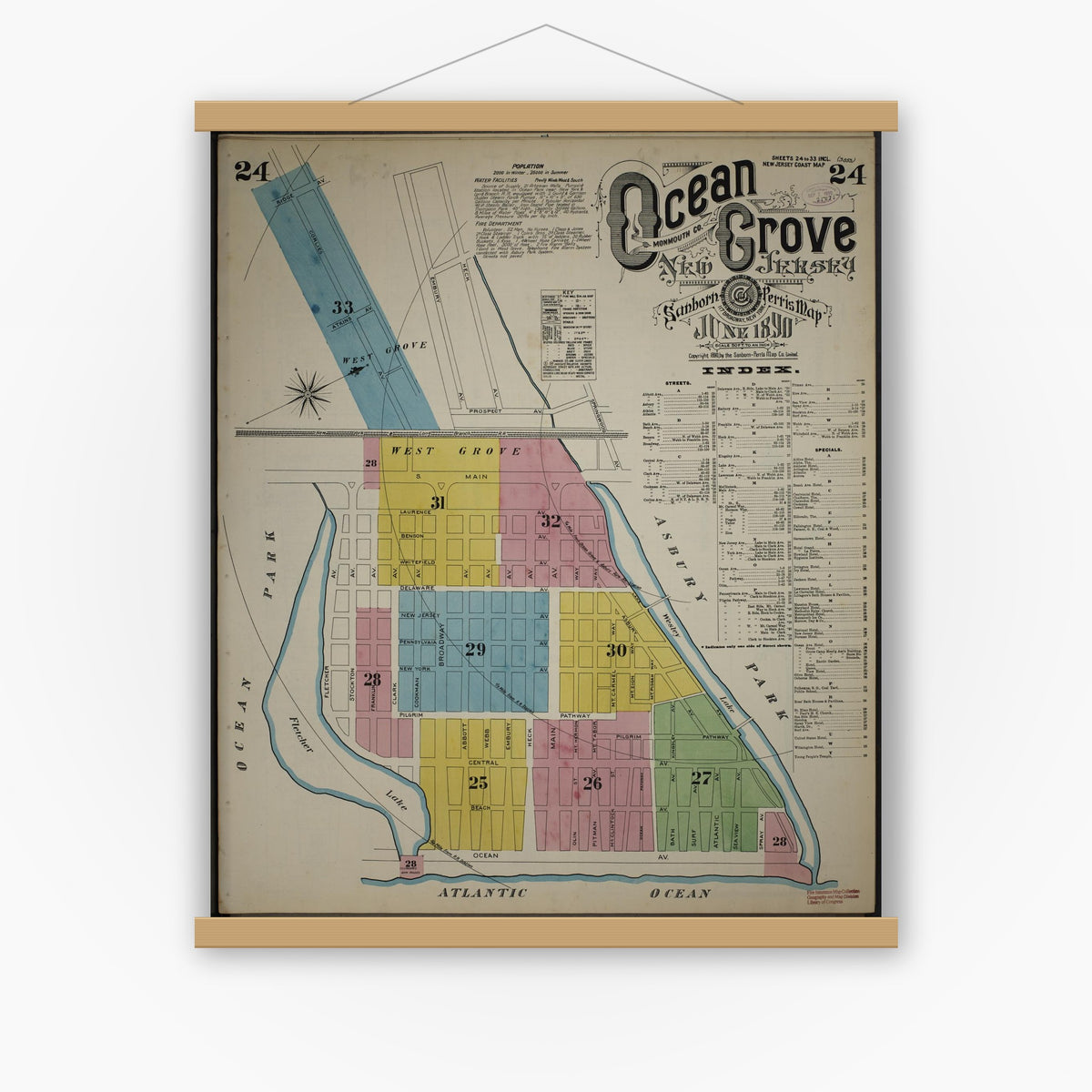 Old map wall art mockup — magnetic wood frame on white wall — Sanborn Fire Insurance Map from New Jersey Coast, New Jersey Coast, New Jersey (1890), Sheet #0024