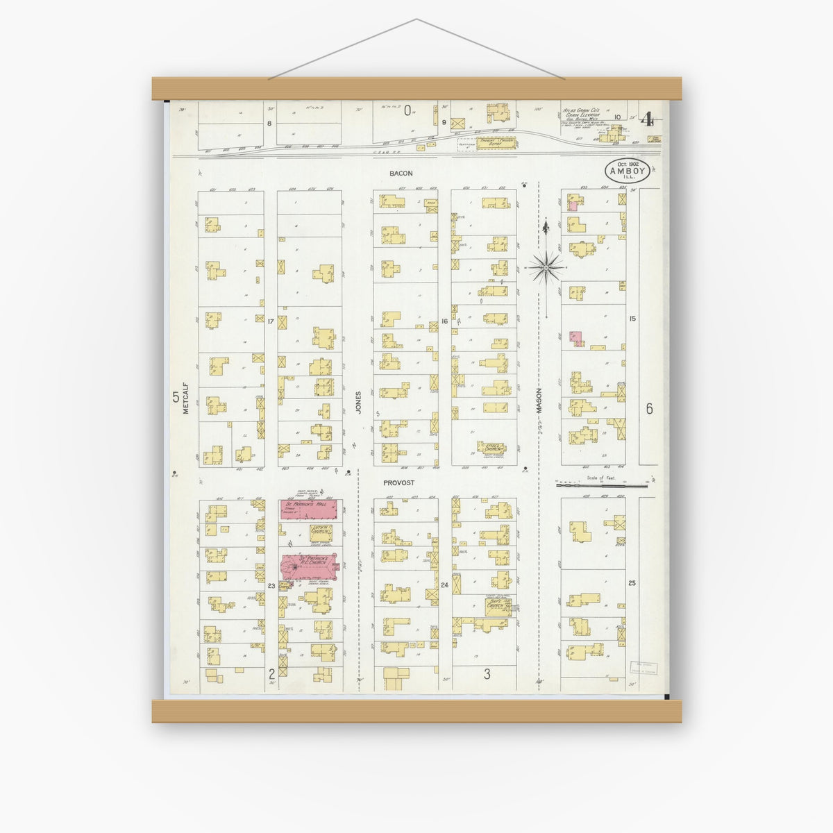 Old map wall art mockup — magnetic wood frame on white wall — Sanborn Fire Insurance Map from Amboy, Lee County, Illinois (1902), Sheet #0004