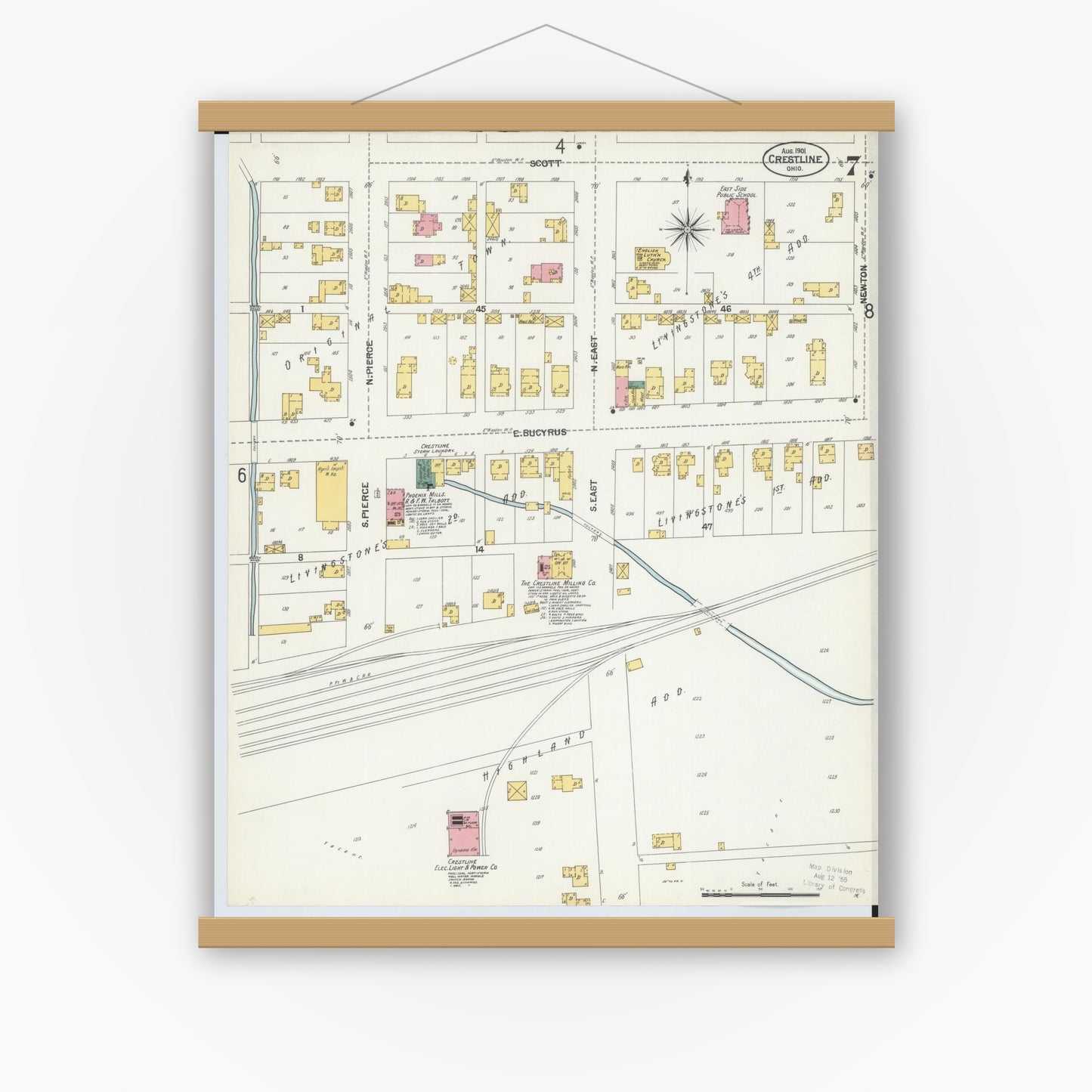 Old map wall art mockup — magnetic wood frame on white wall — Sanborn Fire Insurance Map from Crestline, Crawford County, Ohio (1901), Sheet #0007