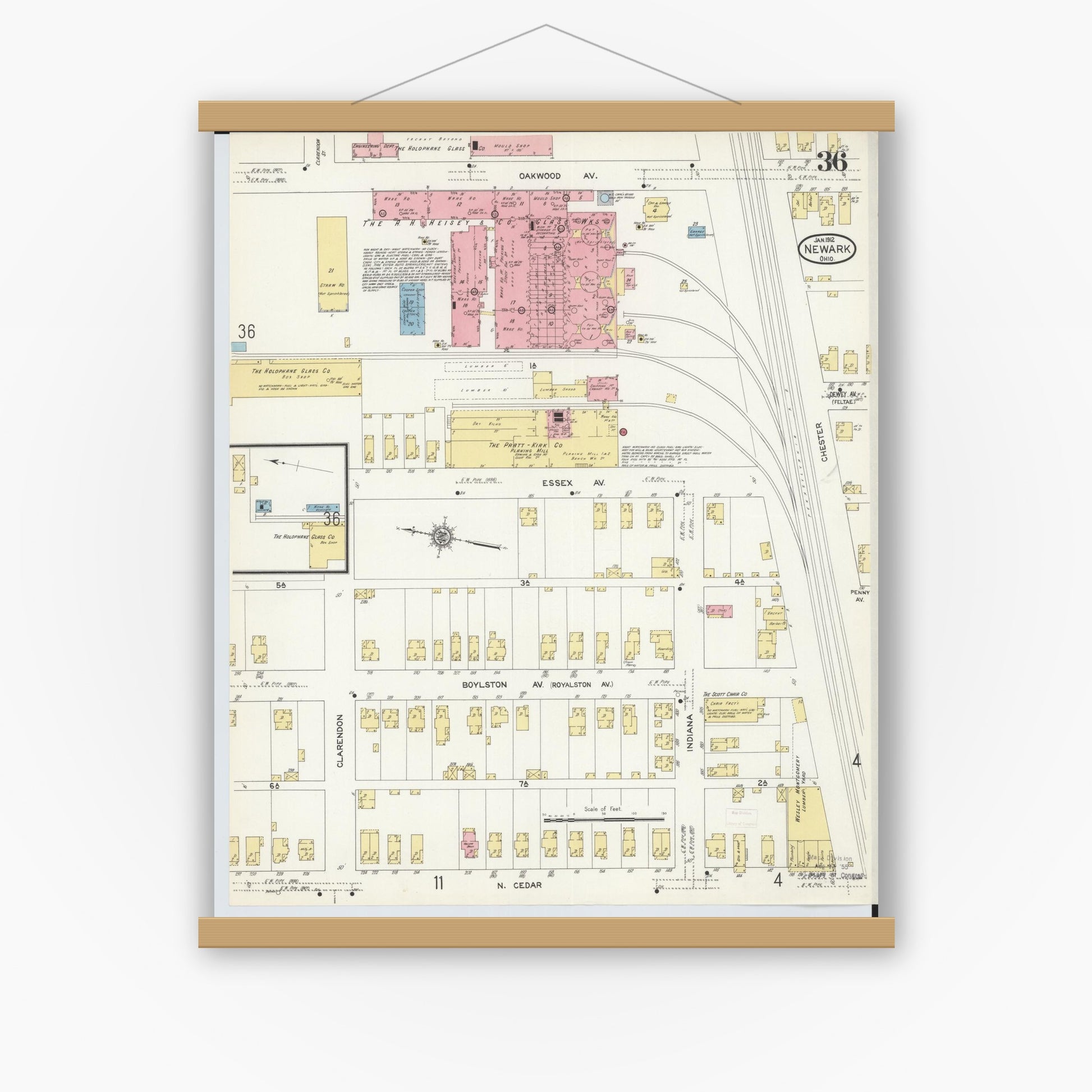 Old map wall art mockup — magnetic wood frame on white wall — Sanborn Fire Insurance Map from Newark, Licking County, Ohio (1912), Sheet #0036