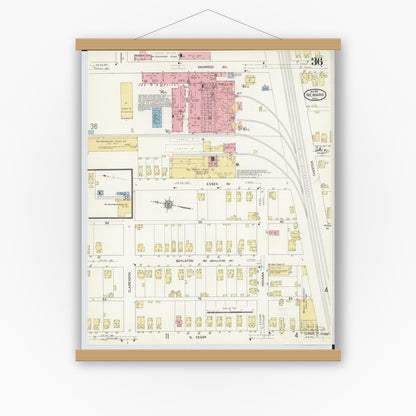 Old map wall art mockup — magnetic wood frame on white wall — Sanborn Fire Insurance Map from Newark, Licking County, Ohio (1912), Sheet #0036