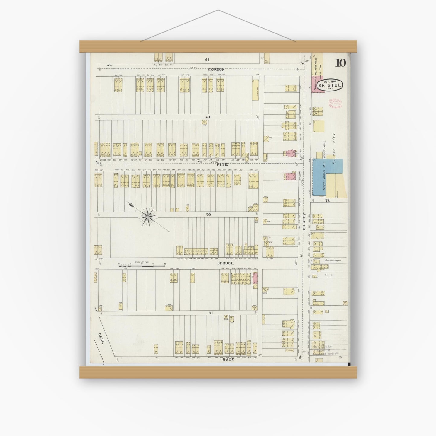 Old map wall art mockup — magnetic wood frame on white wall — Sanborn Fire Insurance Map from Bristol, Bucks County, Pennsylvania (1894), Sheet #0010