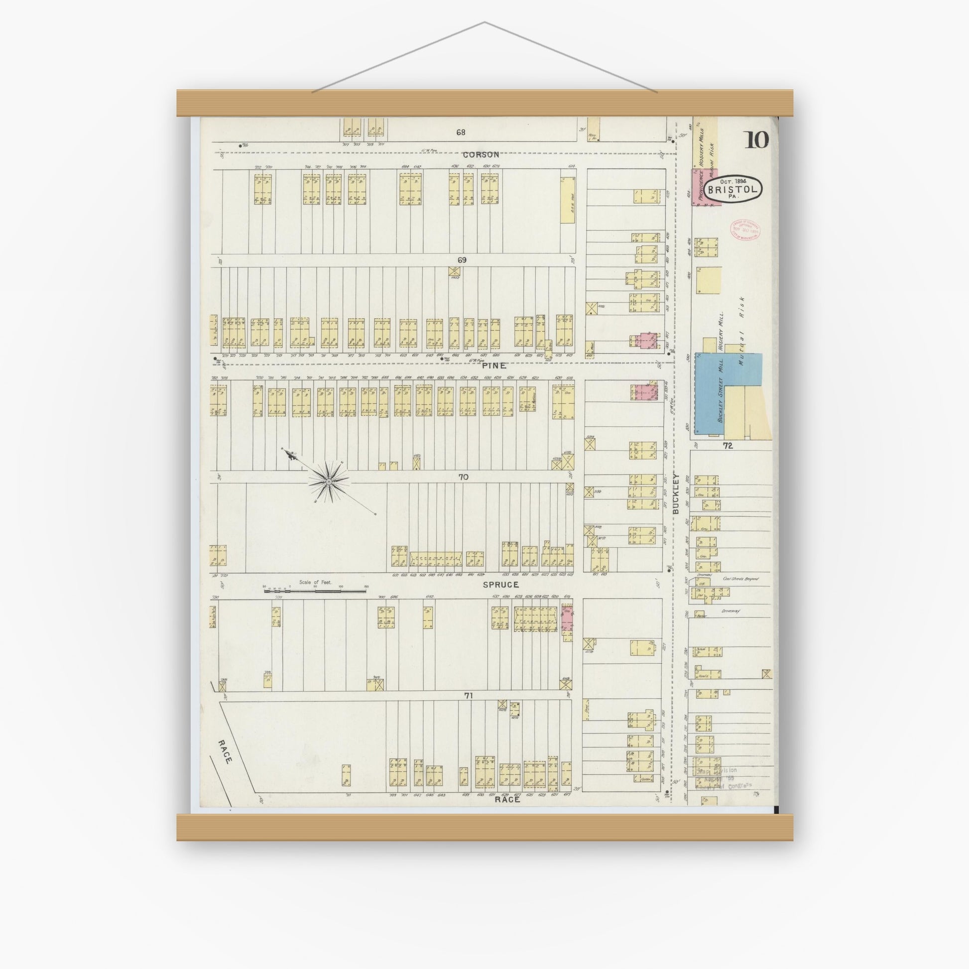 Old map wall art mockup — magnetic wood frame on white wall — Sanborn Fire Insurance Map from Bristol, Bucks County, Pennsylvania (1894), Sheet #0010