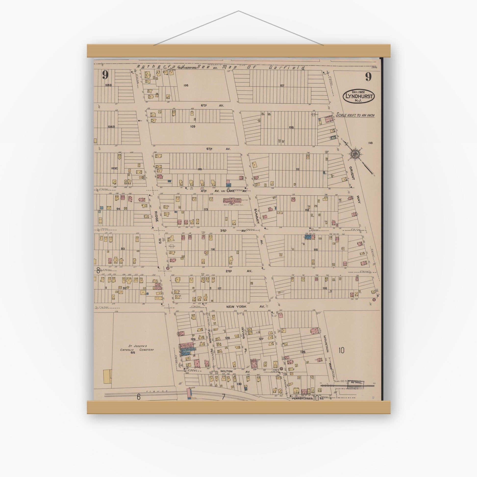 Old map wall art mockup — magnetic wood frame on white wall — Sanborn Fire Insurance Map from Lyndhurst, Bergen County, New Jersey (1922), Sheet #0009
