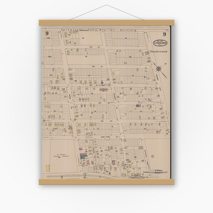 Old map wall art mockup — magnetic wood frame on white wall — Sanborn Fire Insurance Map from Lyndhurst, Bergen County, New Jersey (1922), Sheet #0009