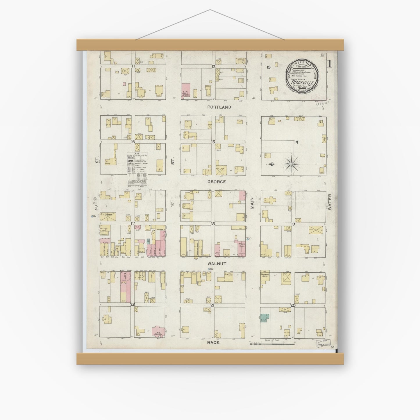Old map wall art mockup — magnetic wood frame on white wall — Sanborn Fire Insurance Map from Ridgeville, Randolph County, Indiana (1892) - Complete Map Set