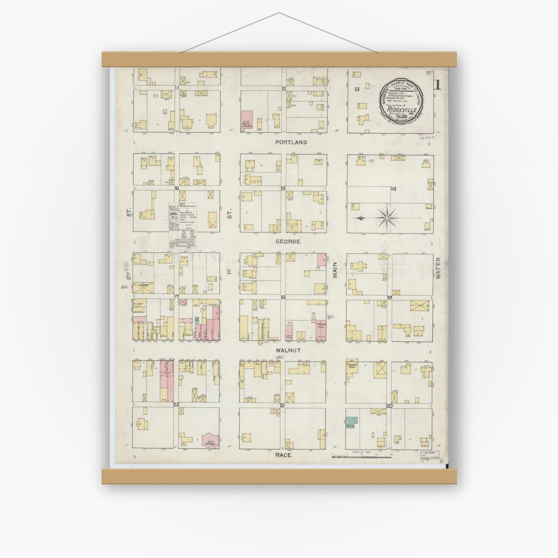 Old map wall art mockup — magnetic wood frame on white wall — Sanborn Fire Insurance Map from Ridgeville, Randolph County, Indiana (1892) - Complete Map Set