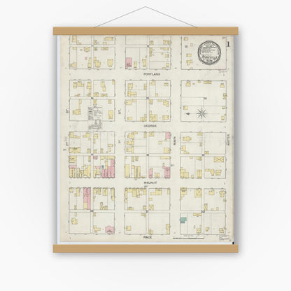 Old map wall art mockup — magnetic wood frame on white wall — Sanborn Fire Insurance Map from Ridgeville, Randolph County, Indiana (1892) - Complete Map Set