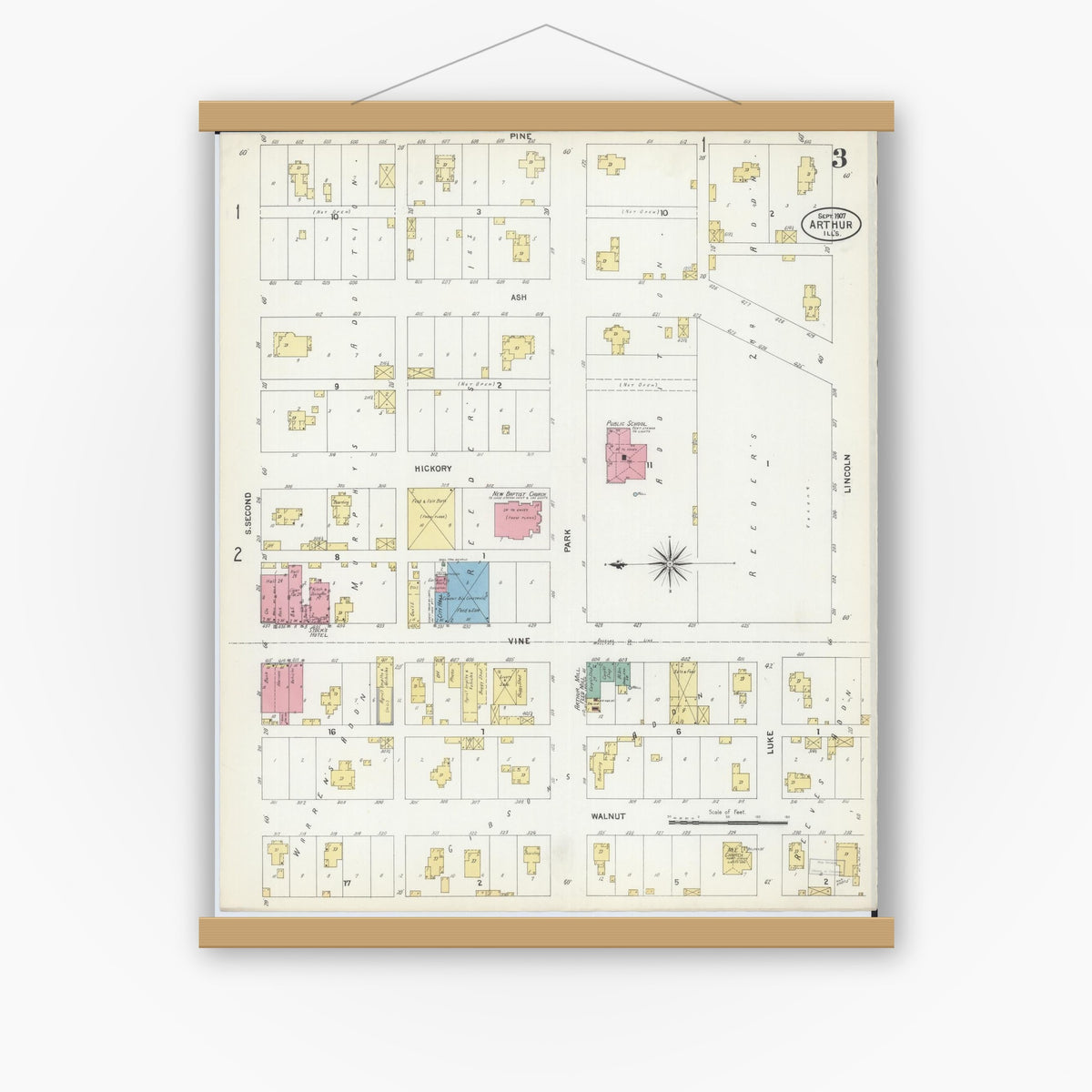 Old map wall art mockup — magnetic wood frame on white wall — Sanborn Fire Insurance Map from Arthur, Moultrie And Douglas Counties, Illinois (1907), Sheet #0003