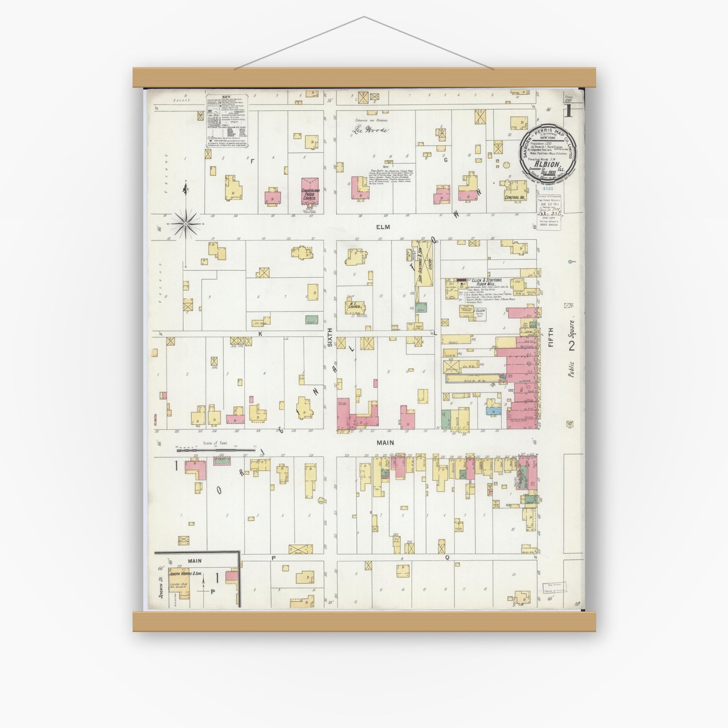 Old map wall art mockup — magnetic wood frame on white wall — Sanborn Fire Insurance Map from Albion, Edwards County, Illinois (1900) - Complete Map Set