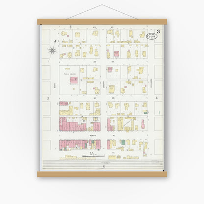 Old map wall art mockup — magnetic wood frame on white wall — Sanborn Fire Insurance Map from Flora, Clay County, Illinois (1906), Sheet #0003