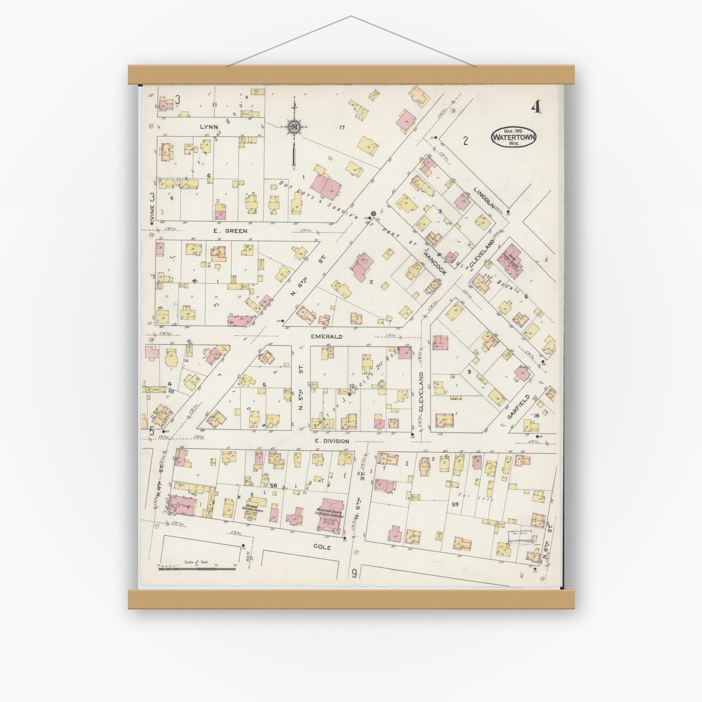 Old map wall art mockup — magnetic wood frame on white wall — Sanborn Fire Insurance Map from Watertown, Jefferson County, Wisconsin (1915), Sheet #0005