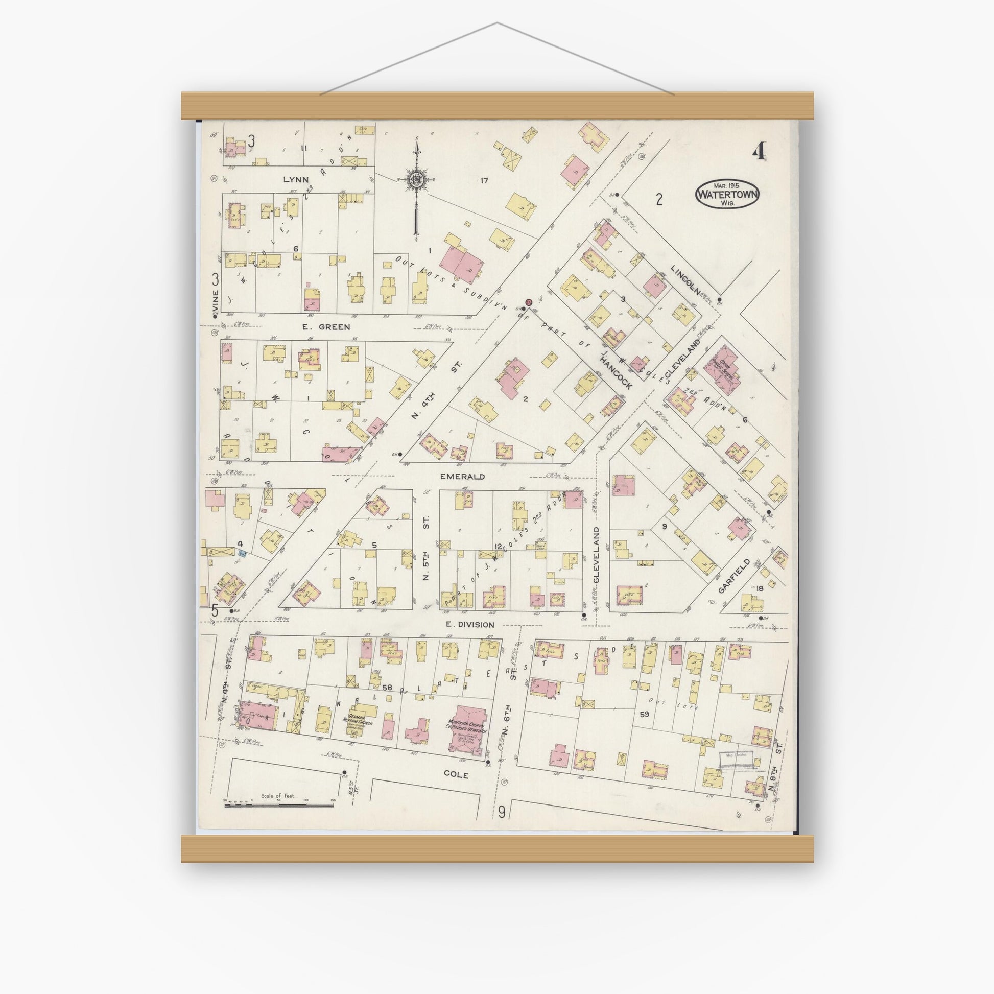 Old map wall art mockup — magnetic wood frame on white wall — Sanborn Fire Insurance Map from Watertown, Jefferson County, Wisconsin (1915), Sheet #0005